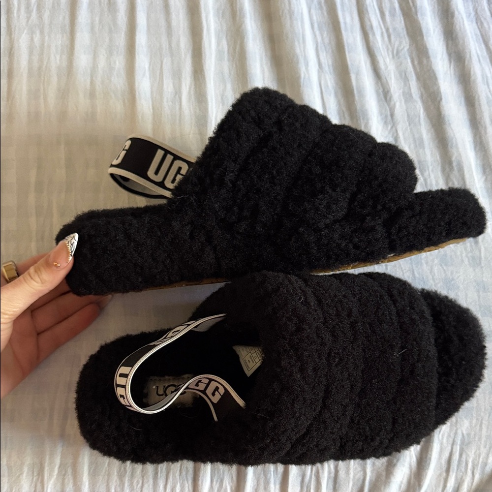 UGG Black Fluffy Slide Slippers
